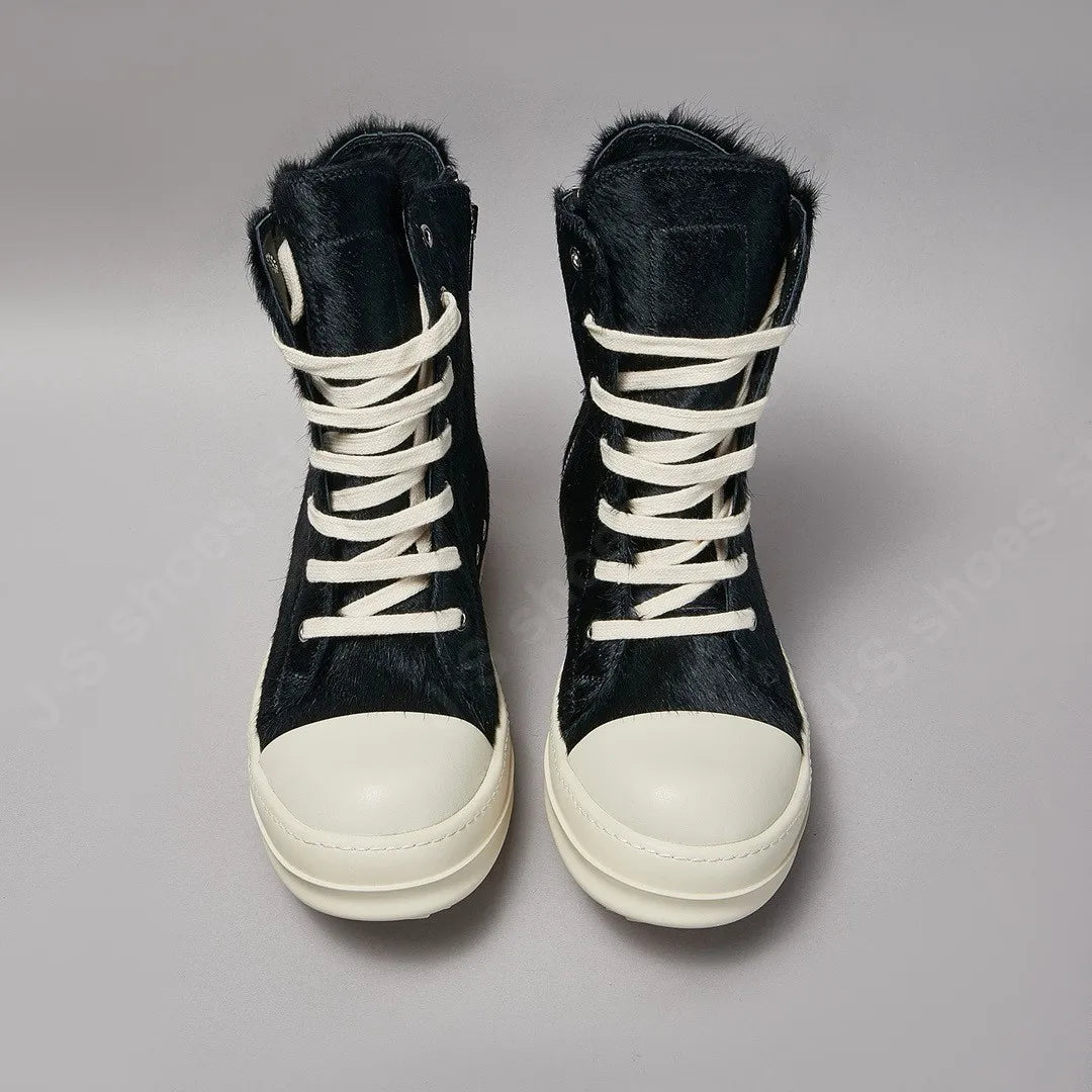 R-o Classic Men Shoe Black Horse Hair Boots Women Shoes High Top Sneaker Black Horsehair Ankle Boot Zipper Outside Sneakers