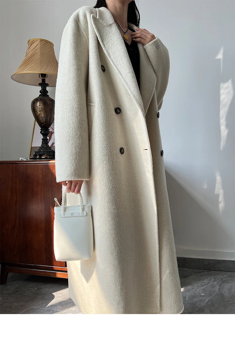 Office Lady Woolen Jackets 2024 Autumn And Winter Suit Collar Double Breasted Warmer Yak Hair Loose Long Women's Wool Coats