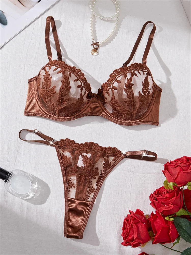 Sexy Lingerie for Women Mesh Embroidery Lingerie Set Three-Point Transparent Underwear Fantasy Female Intimate Erotic Lingerie
