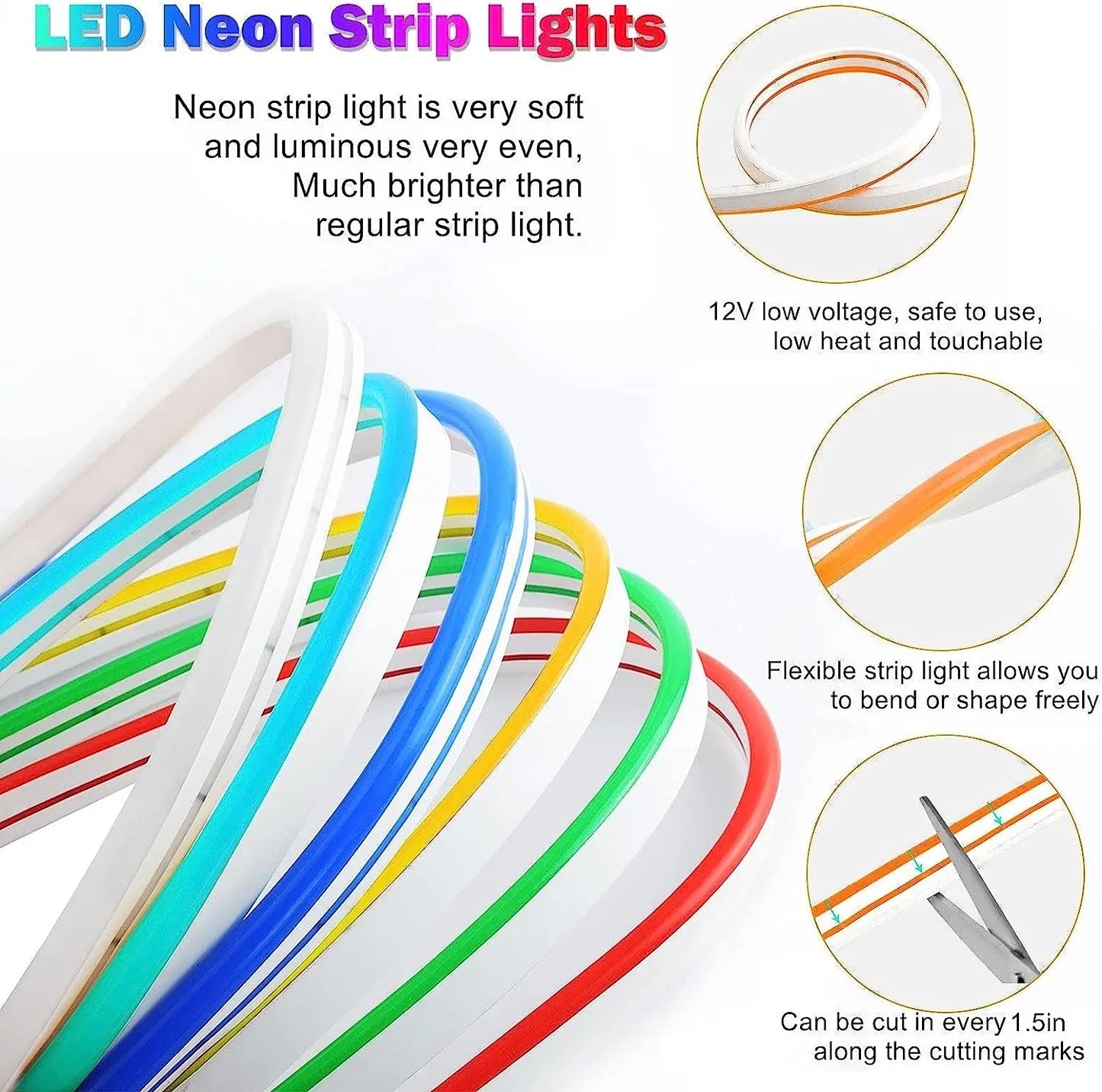 LED Neon Lights,  12V 5M Flexible，Neon Rope Light,  Waterproof Flex DIY Cuttable LED Light Strip for Indoor Outdoor Decoration
