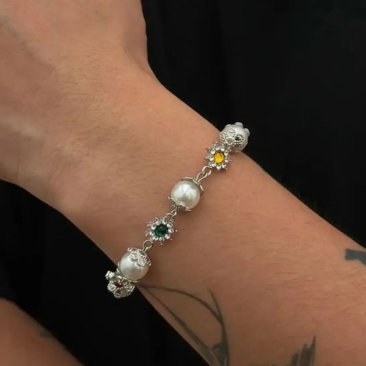 KunJoe Creative Shining Inlaid Rhinestones Imitation Pearl Bracelet for Men Fashion Statement Hand Bracelet Male Street Jewelry