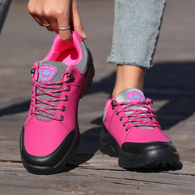 Ladies' Outdoor Hiking Shoes with Black and Pink Non Slip Soles Fashionable Sports Shoes Breathable Mesh Running Hiking Boots