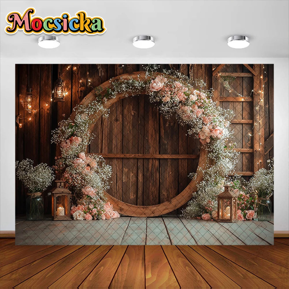 Wedding Theme Photography Background Round Wreath Wooden Wall Decoration Couple Wedding Scene Supplies Backdrop Studio Props