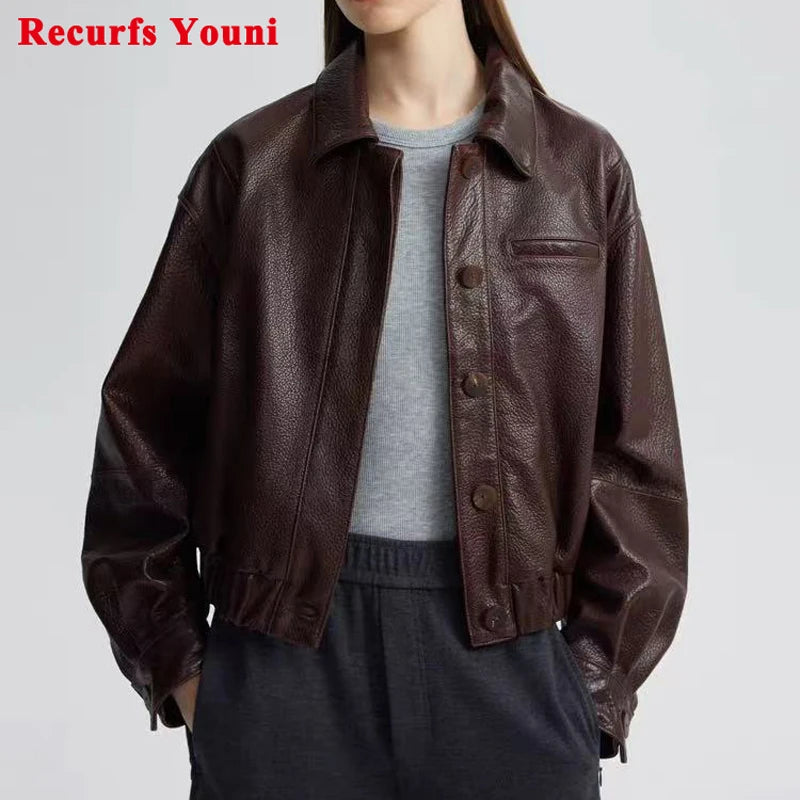 Retro Leather Bomber Jackets for Women Genuine Foam Leather Bubble Texture Short Coat Female Square-Cut Lapel Slim Fit Chaquetas