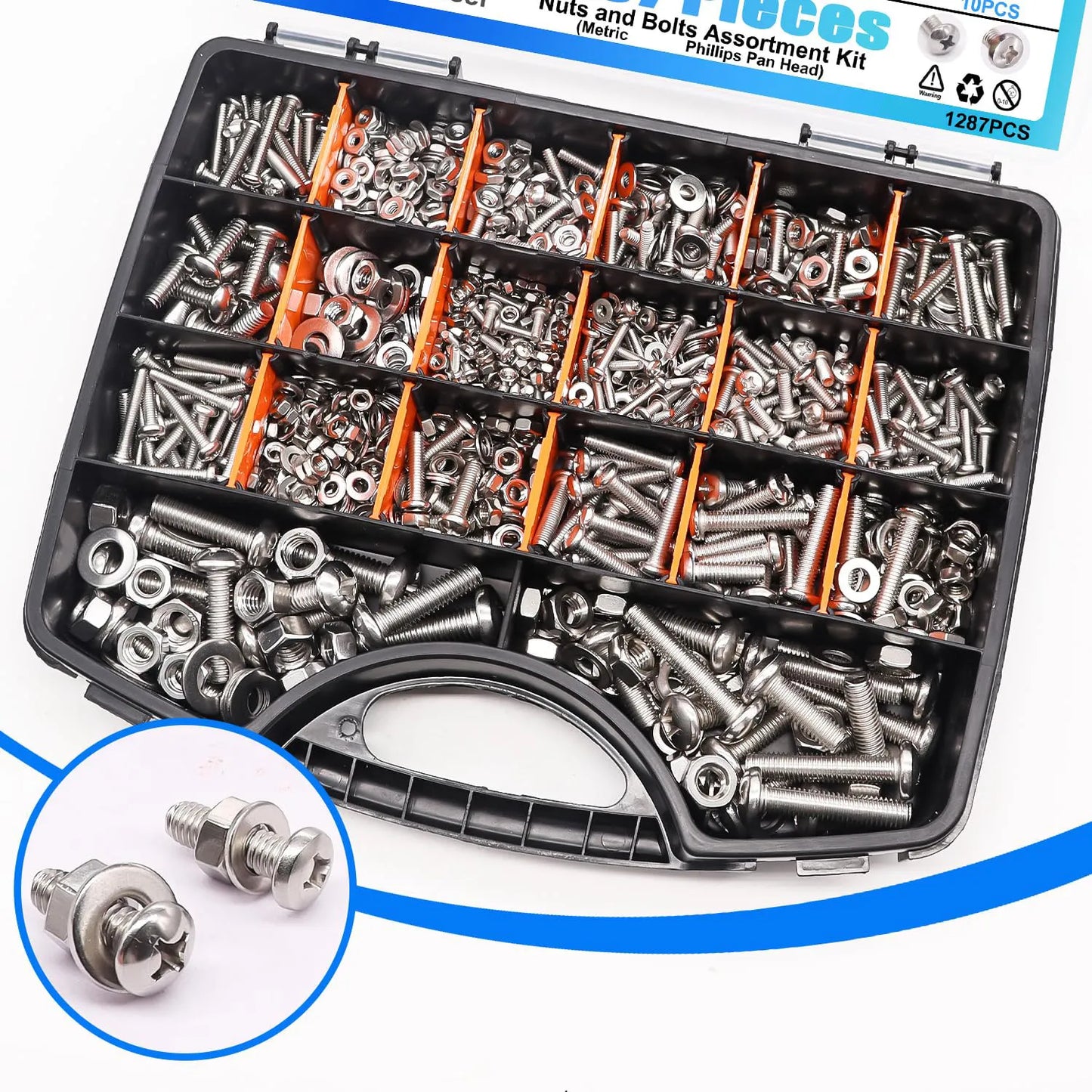 1287Pcs Nuts and Bolts Assortment Kit, Stainless Steel Bolts Machine Screws Hardware Assortment Kit, Metric Phillips Pan Head Sc