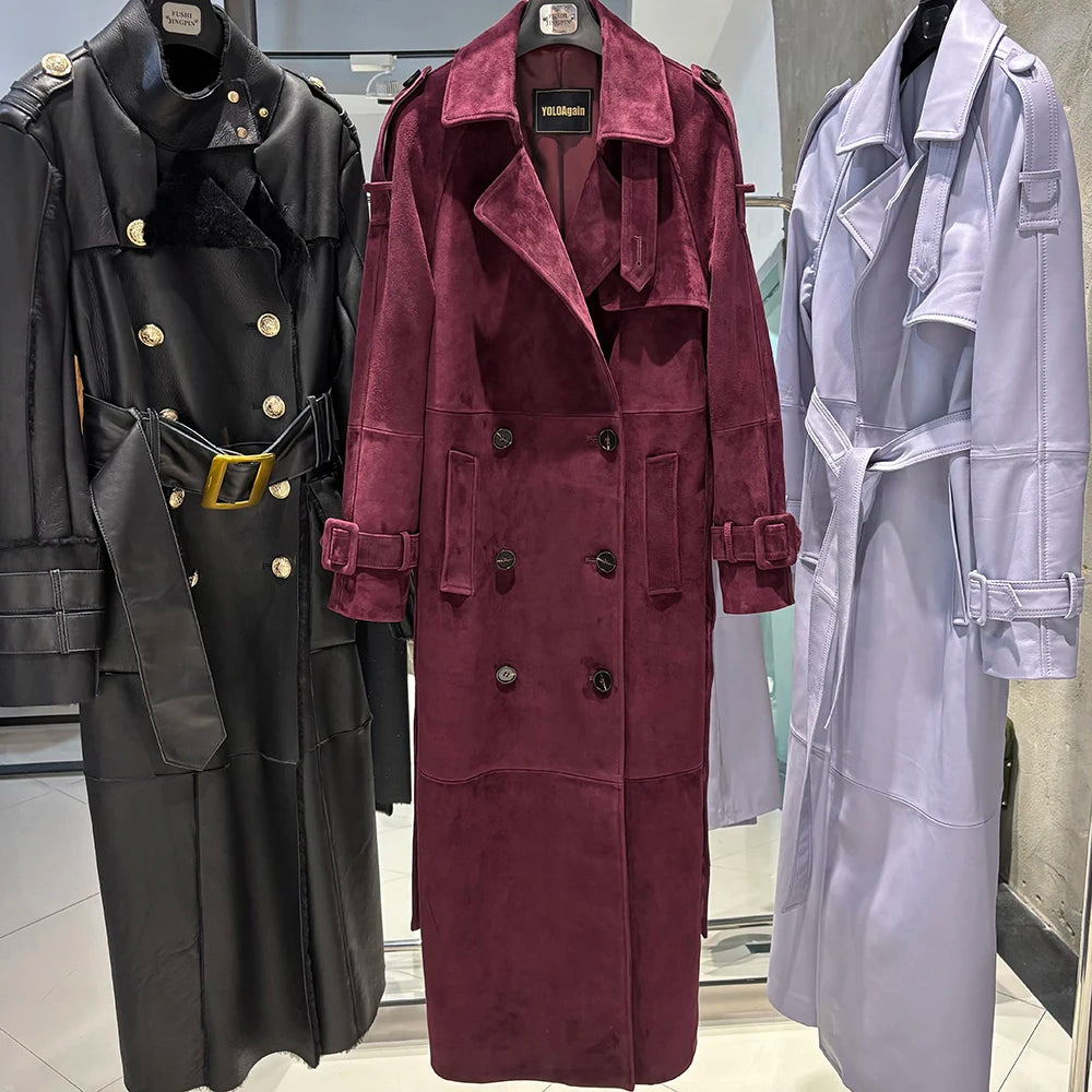 YOLOAgain Double Breasted Suede Jacket Coat Women Real Leather Trench Coat