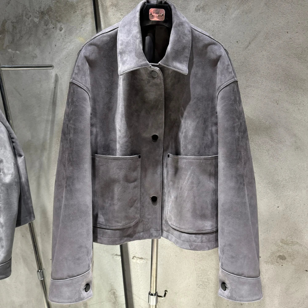 Suede Leather Blouson Women Winter Genuine Sheep Leather Coat Luxury Autumn Suede Blouse Lin24