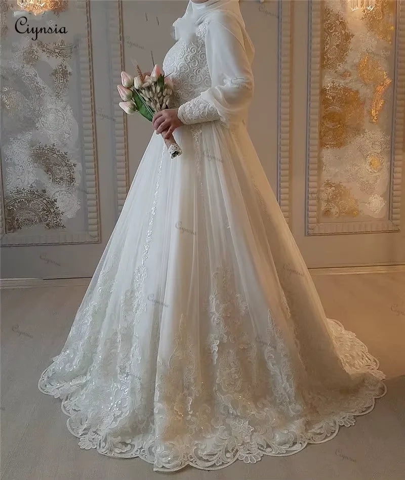 Customized Islamic Muslim Hijab Wedding Gowns 2026 Bride A-Line Long Sleeve Bridal Dress Lace Arabic Dubai Robe De Mariée