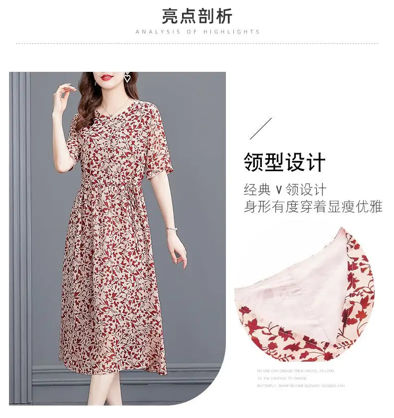 Women's Mulberry Silk Midi Dress V-Neck Three-Quarter Sleeve Red Floral Print Waist Tie Elegant Silk Summer Dress For Mature