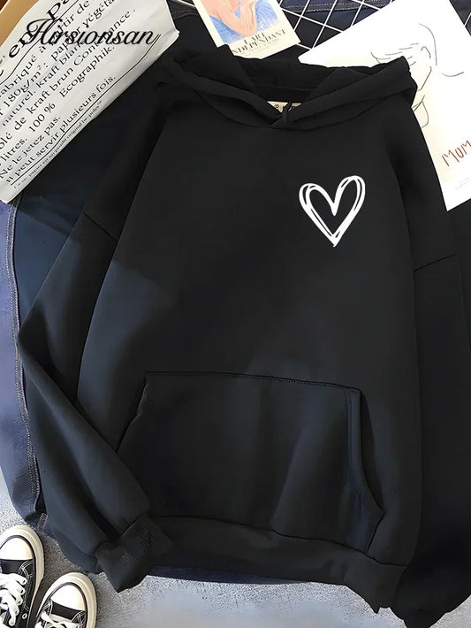 Hirsionsan Simplic Heart Print Women Sweatshirt Soft Casual Loose Vintage Female Hoodies 2025 Winter Warm Fleece Student Tops