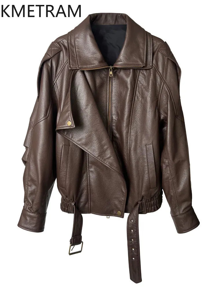 100% Real Sheepskin Jacket Woman Brown Biker Genuine Leather Jackets High Quality Outerwears Fall Clothes 2025 Women дубленка