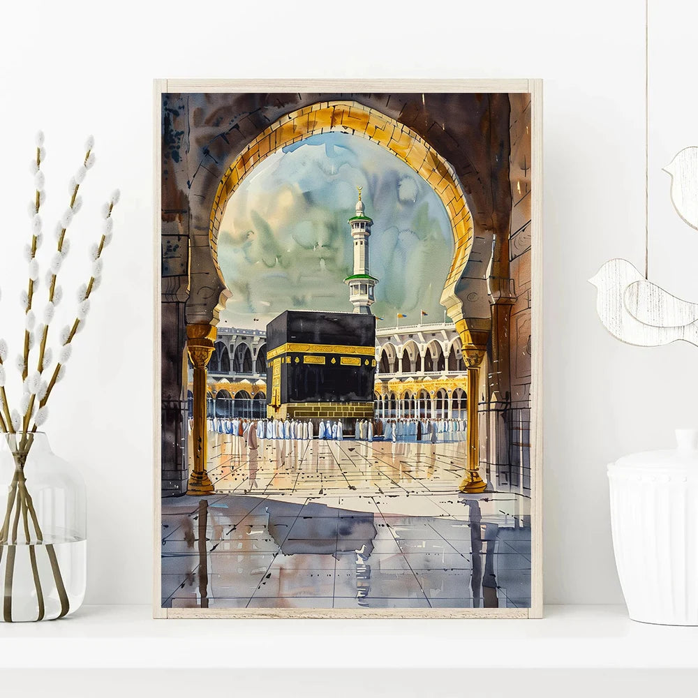 Islamic Mosque Kaaba Canvas Poster Watercolor Muslim Scripture Canvas Paint Print Modern Picture Living Room Home Decor Cuadros