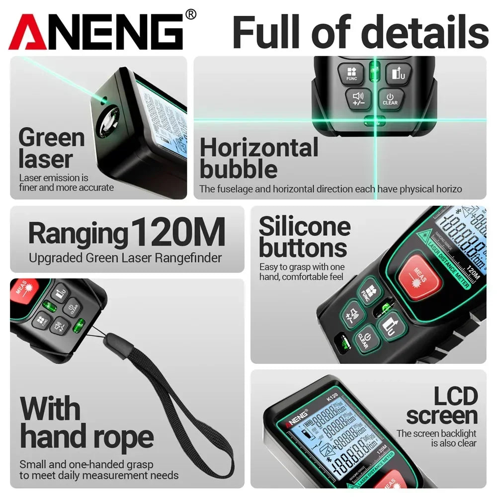 Laser Rangefinders ANENG K120 Distance Meter Laser Tape Measure 50M 70M 100M 120M Electronic Ruler Useful Measurement Test tools