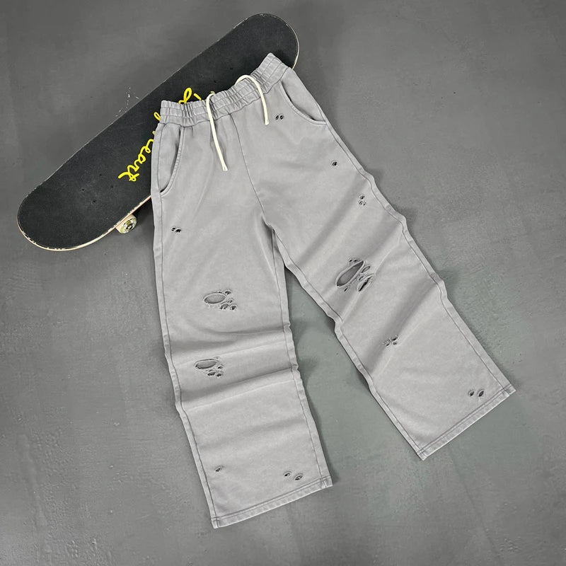 2025 Autumn/Winter Acid Wash Sweat Pants Athletic Joggers Hip Hop Raw Edges Cut Crush Distressed Frayed Wide Leg Sweatpants