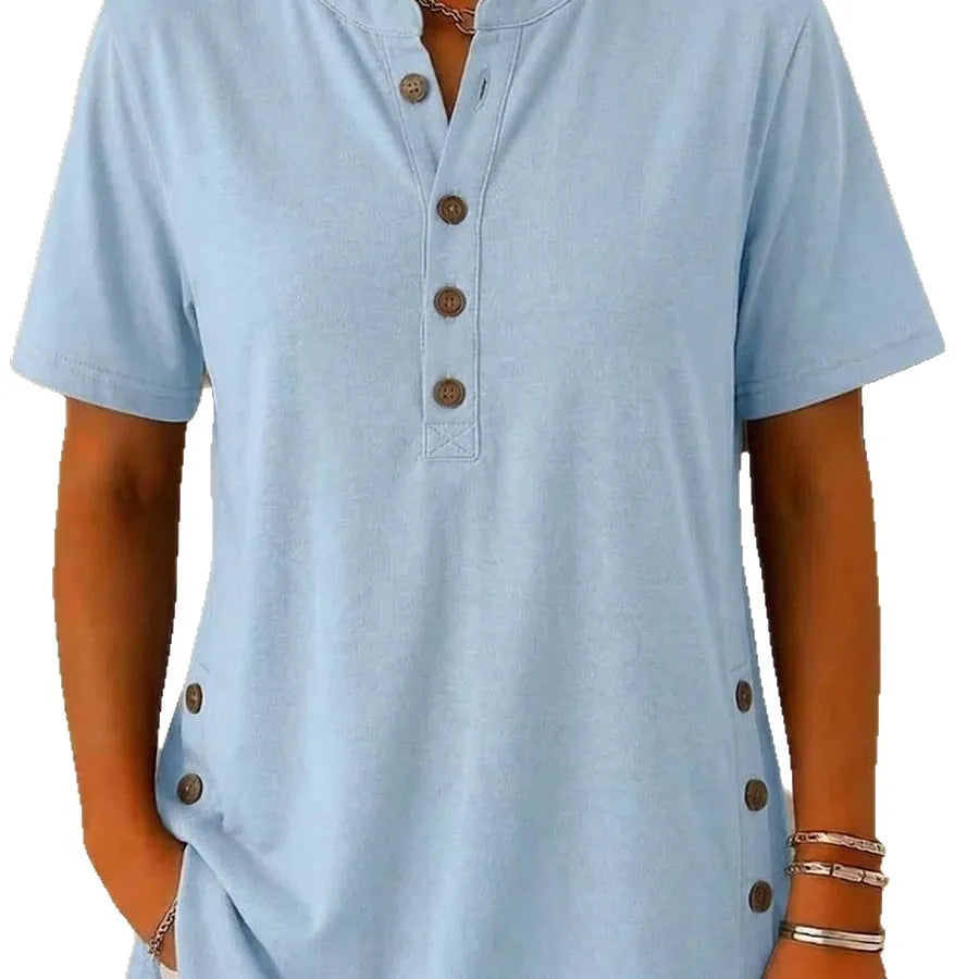 Summer Short Sleeve Loose Tops For Women Summer 2026 Fashion Solid Color V-neck Button T-shirts Tees Casual