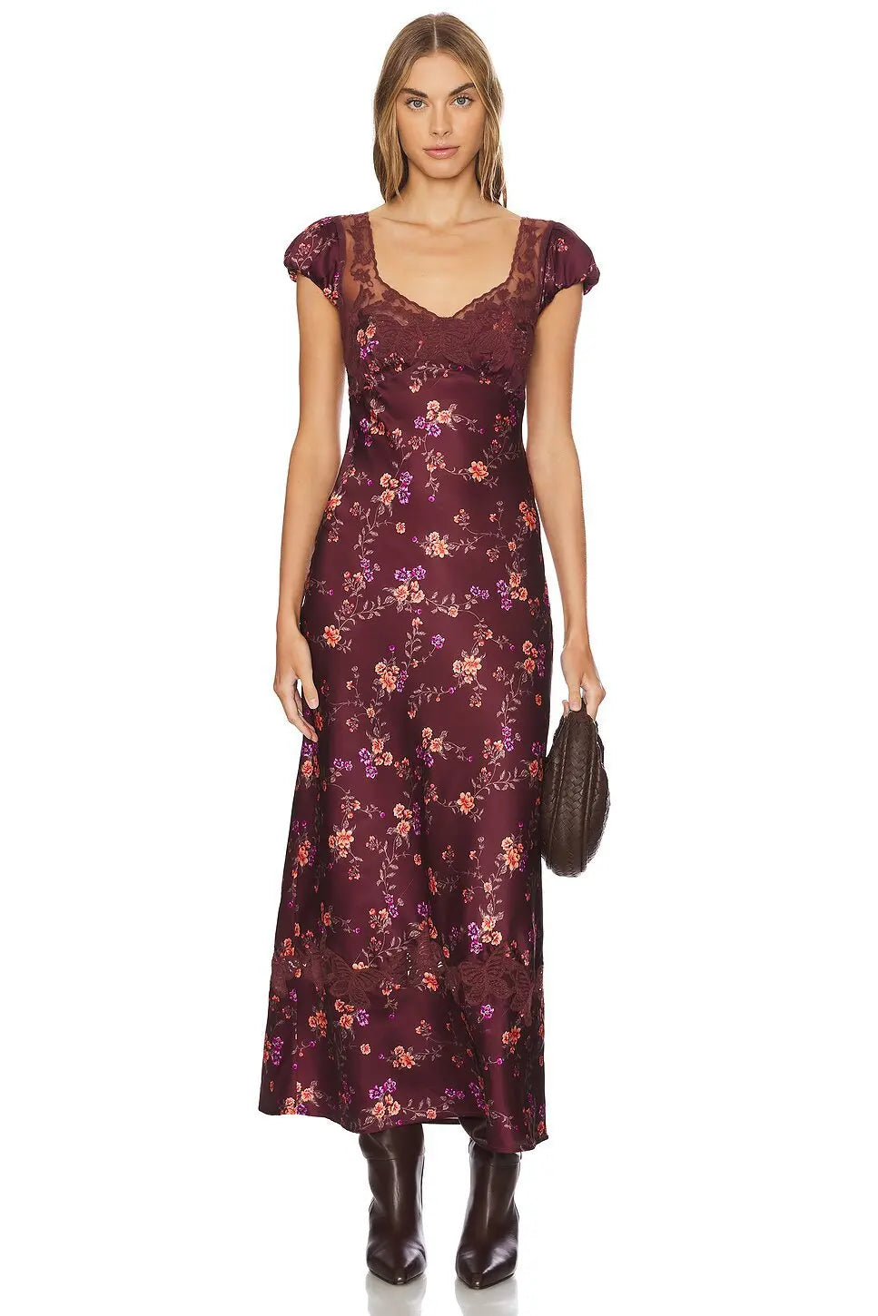 Luxurious Silk Satin Long Dress Elegant Puff Sleeve Polka Dot Floral Gown Sexy Open Back Midi Dresses for Evening Cocktail