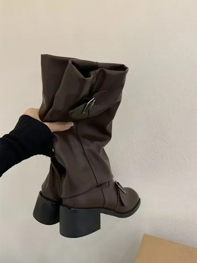 Woman Boots Knee High Platform Chunky Heels Trend Punk Gothic New Rock Leather Fashion Women's Shoes Motorcycle Footwear