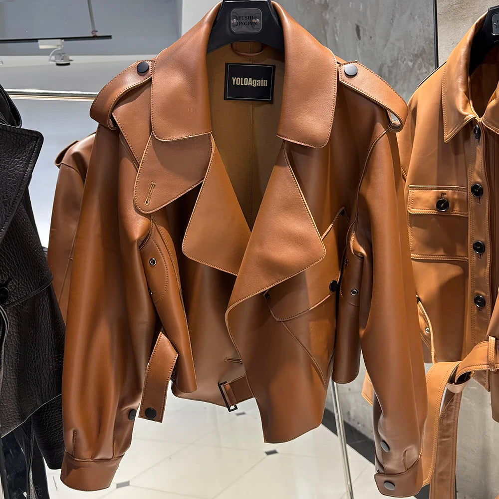 YOLOAgain Oversized Real Leather Jacket Women Sheepskin Coat