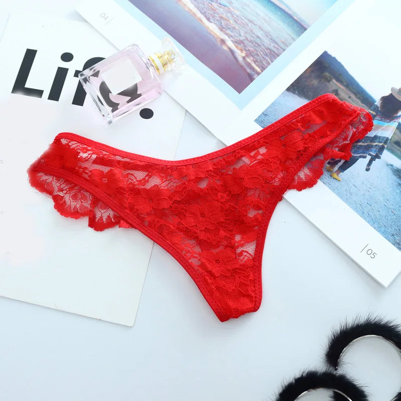 Women Sexy Thongs  Scalloped Floral Lace Fine Lingerie Low Waist Translucent Breathable Hollow Sheer Sexy Intimate Lingerie