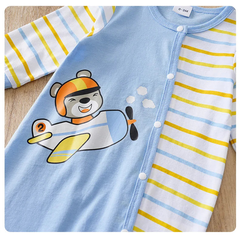 Newborn Baby Clothes cotton 0-12 Months blue Flying bear stripe print Spring and autumn Long Sleeve unisex Kids Jumpsuit Pyjama