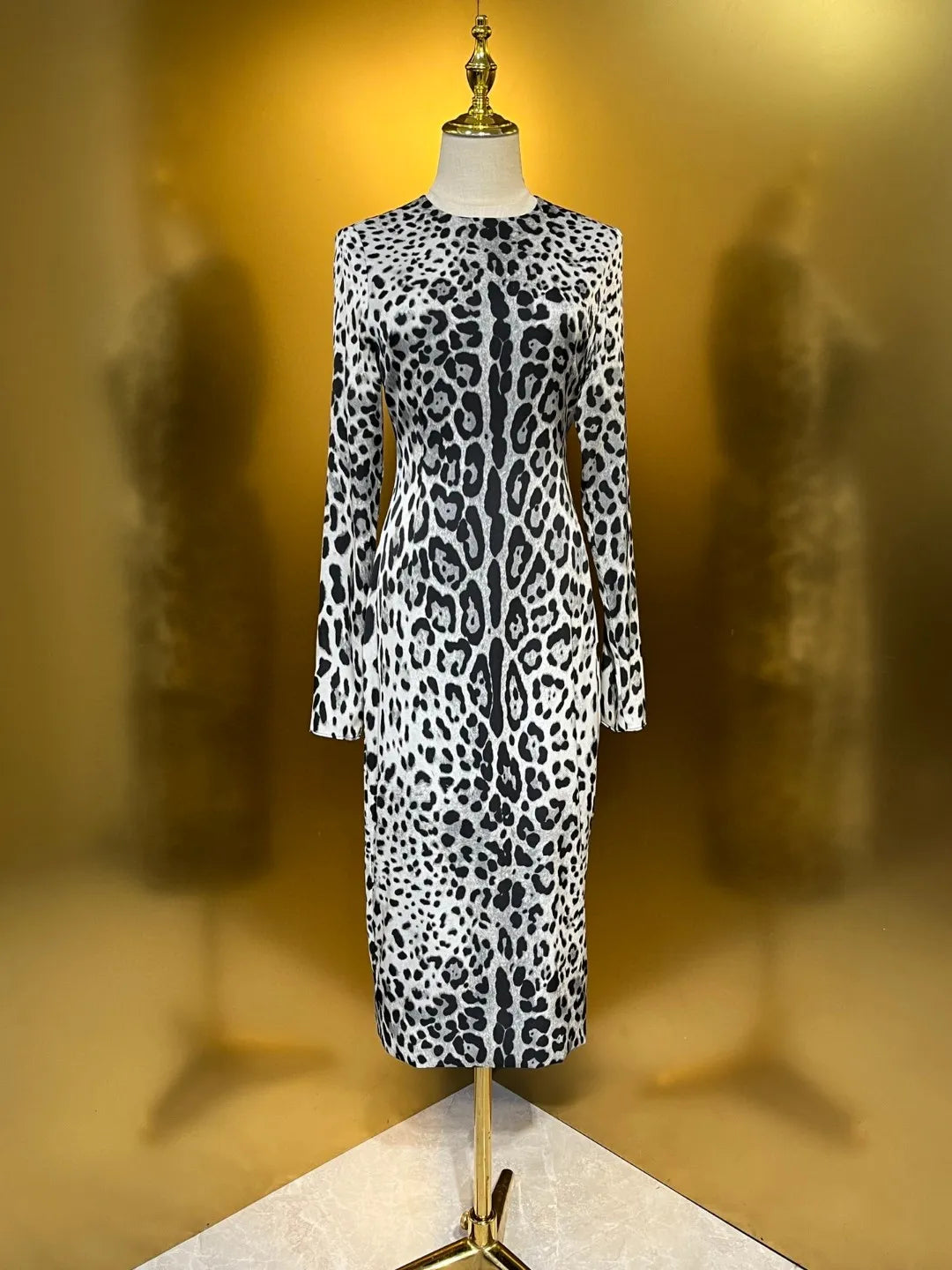 Elegant Women's Party Dress 100% Silk | Luxury Designer Black Leopard Print Midi | Evening Cocktail Gown | Spring 2025 Runway
