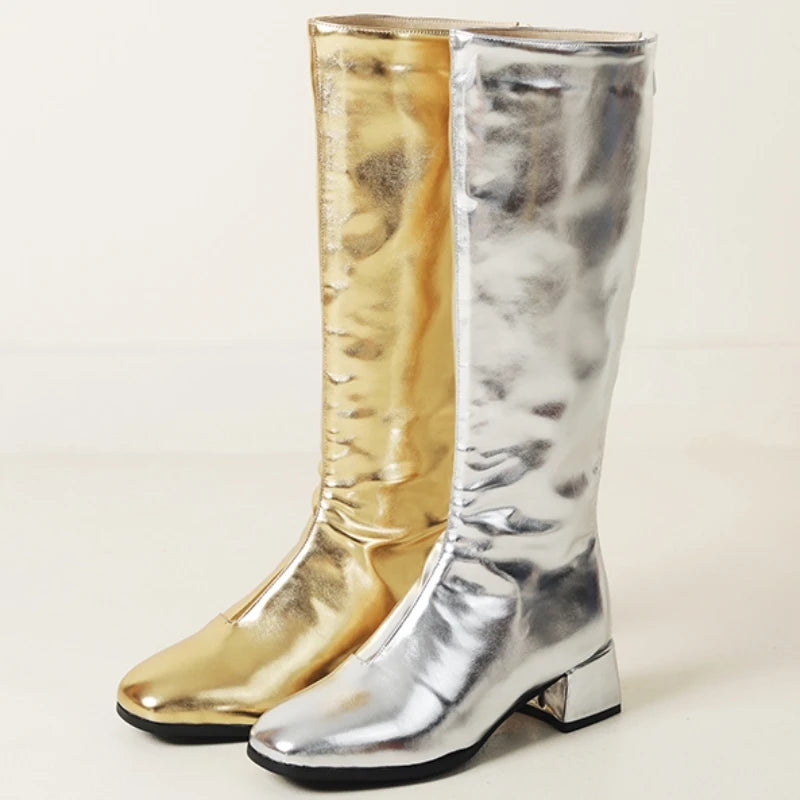 Women's Knee High Boots Winter Shoes 2026 Gold Silver Low Heeled Long Boot Ladies Party Footwear Shoes Large Size 45 Waterproof