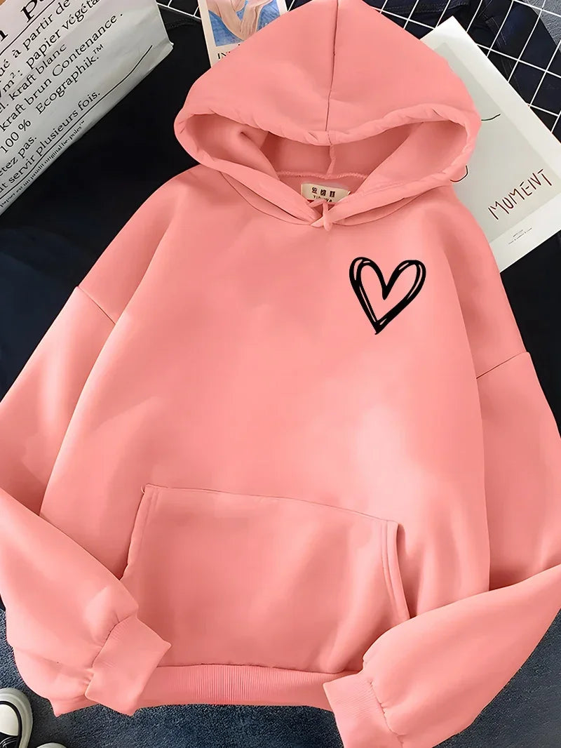 Hirsionsan Simplic Heart Print Women Sweatshirt Soft Casual Loose Vintage Female Hoodies 2025 Winter Warm Fleece Student Tops