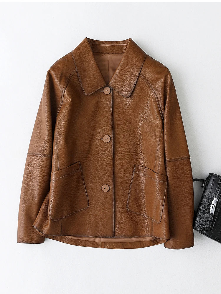 High-end Simple Natural Sheepskin Coats for Women 2025 New Trend Casual Single-breasted Lychee Texture Genuine Leather Jacket