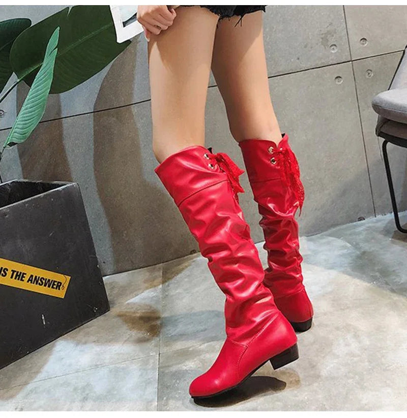 Shoes For Women  Knee High Boots Red Black White Tall Boots Woman Pleated Low Heel Casual Leather Female Long Shoes