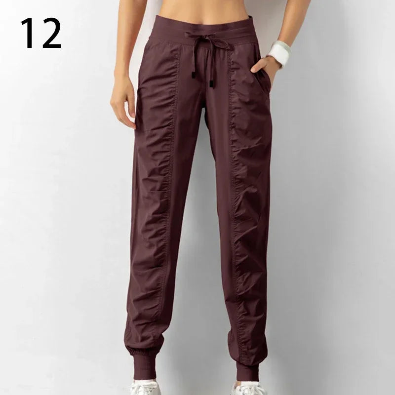 Sweatpants Fabric Drawstring Running Sport Joggers Women Quick Dry Athletic Gym Fitness with Two Side Pockets Exercise Pants