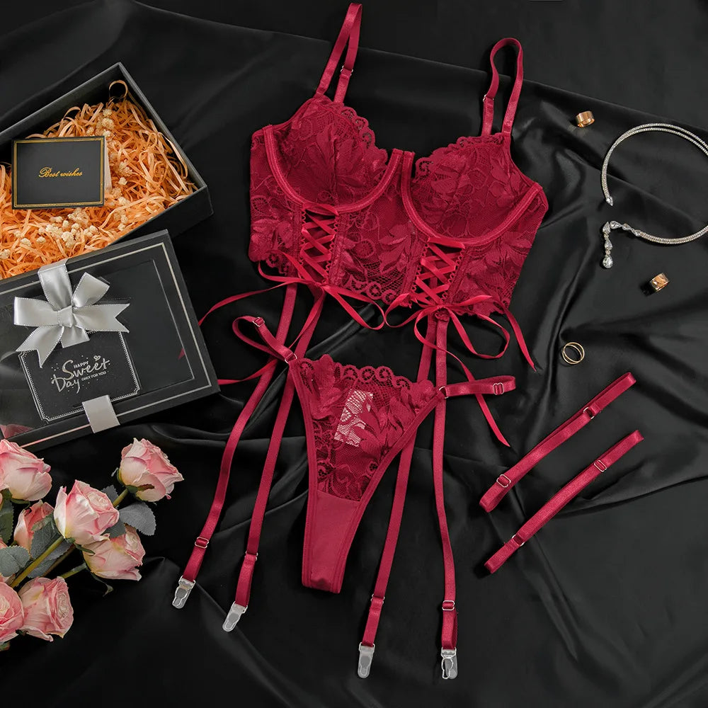 Lingerie Fancy Sexy Lace Underwear 3-Piece Transparent Spliced Bra And Panty Set Garter Intimate Sexy Women's Underwear Lingerie