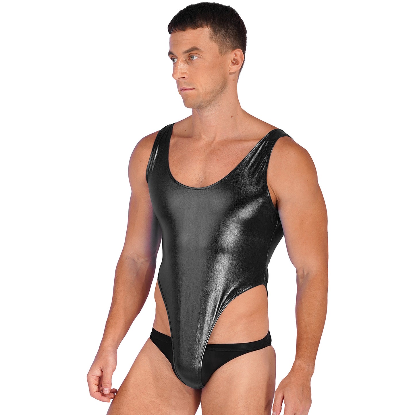 Mens Glossy Bodysuit Fashion One-piece Swimsuit Sleeveless High Cut Wetlook Faux Leather Stretch Leotard Unitard Bathing Suit