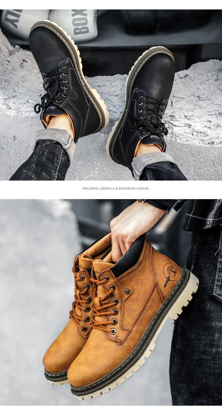 Men's High-Top British Style Motorcycle Boots Durable Cowboy Ankle Shoes Rugged Casual Non-Slip Leather Outdoor Work Footwear