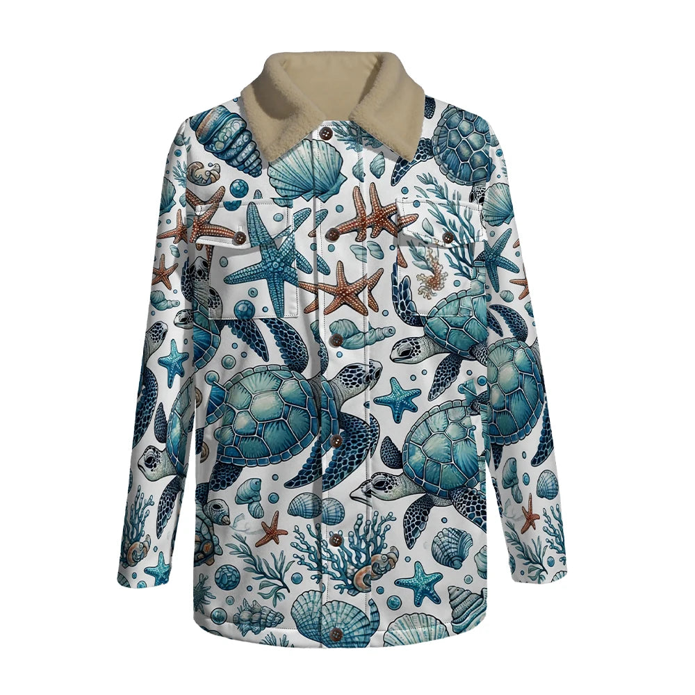 Winter Aesthetic Jacket Marine Life Print Long Coats Whale Turtle Jellyfish Pattern Faux Fur Collar Unisex Coastal Style