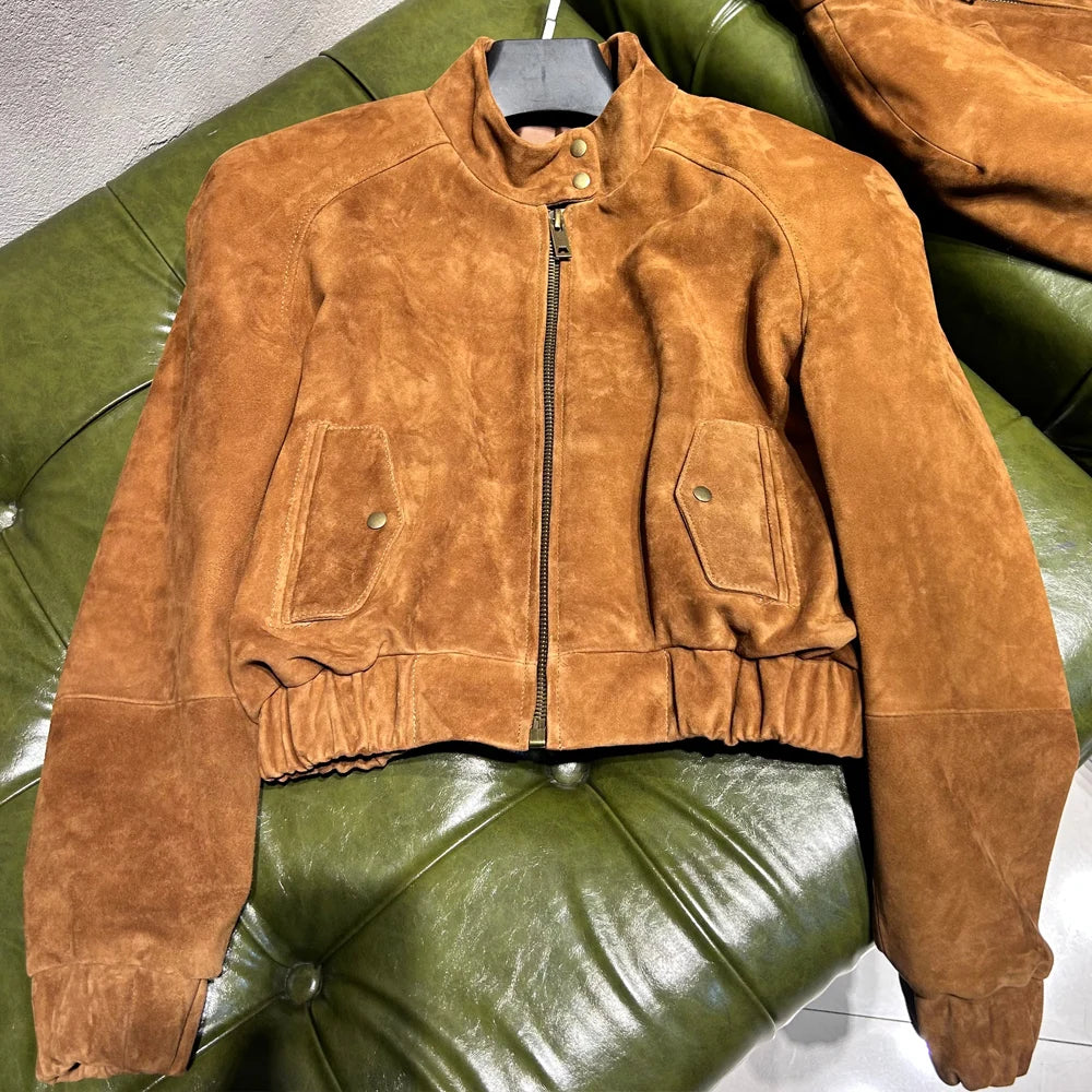 Cropped Suede Brown Women Jacket Drop-shoulder Real Leather Jackets 2025 New Outerwear