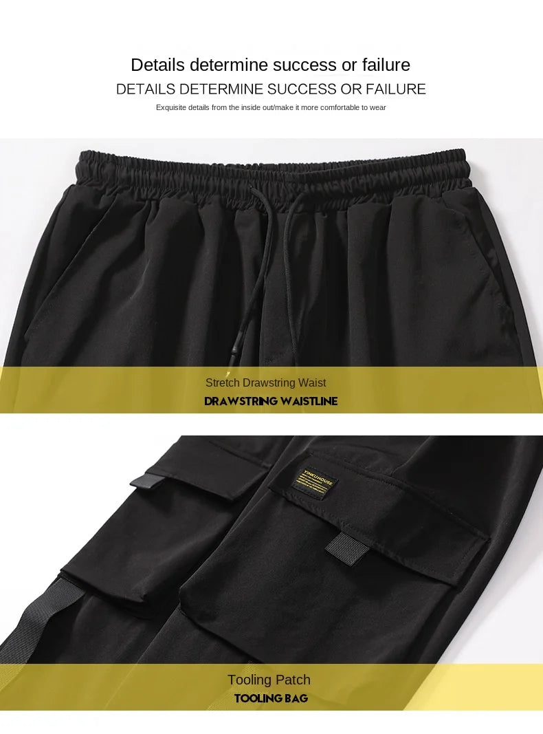 2024 Spring Autumn New Men's Korean Fashion Multi-pocket Loose Ins Nine-minute Drawstring Leg Work Pants Casual Daily Sweatpants