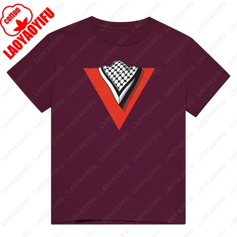 Palestine Heart Shape with Flag Colors Unisex Cotton T Shirt Summer Round Neck Tee for Men and Women Love Theme