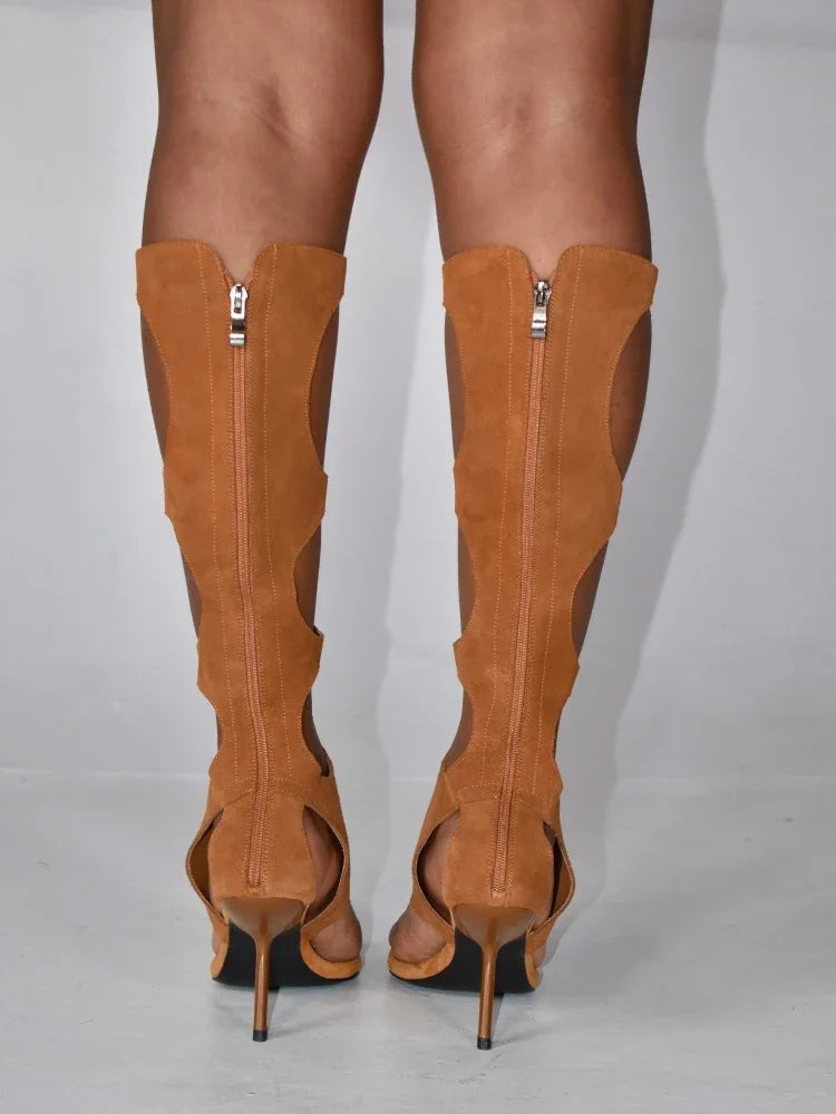 2025 New Luxury Women's Knee-High Boots | Real Horsehair Cut-Out Stiletto Heel & Rear Zipper | Evening Party Club Dress Shoes