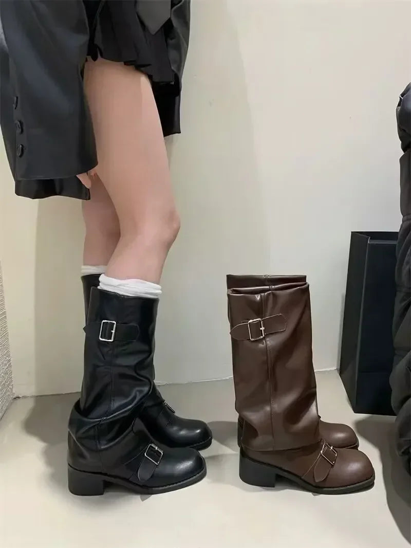 Woman Boots Knee High Platform Chunky Heels Trend Punk Gothic New Rock Leather Fashion Women's Shoes Motorcycle Footwear