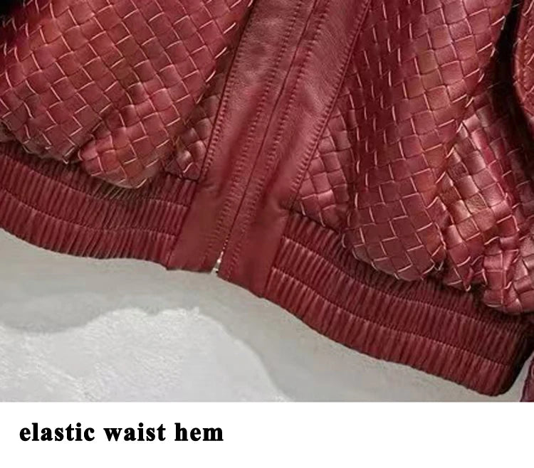 High-fashion Women Clothing 2025 New In Hand Knitting 100 % Leather Jacket Feminina Streetwear Burgundy Dropped Shoulder Coat