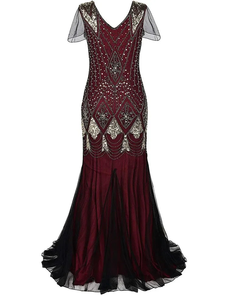 Women's Fashion 1920s Flapper Dress Vintage Great Gatsby Long Evening Prom Sequin Party Dress Women Mesh Costume