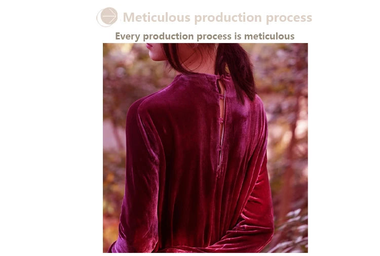 Light Luxury Natural Silk Velvet Women's Dress  Long Sleeve Long Floor-length Dress Temperament Elegant Casual Spring Autumn