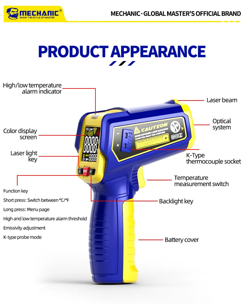 MECHANIC Industrial Thermometer Non-Contact High-Precision -50°C~580°C 13-Point Laser Targeting LCD Digital Temperature Meter