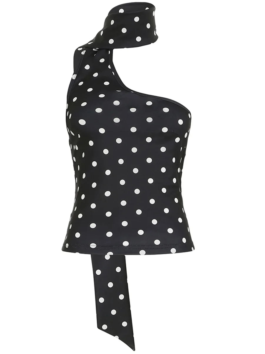Women s Summer One Shoulder Tank Tops Sleeveless Open Back Halter Neck Dot Print Vest