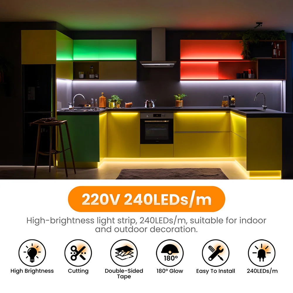 Led Strip COB 220V High Brightness 5m 10m 20m 50m Flexible Light Tape with IC Rectifier 230V 240V AC 240LED/m Linear Lighting