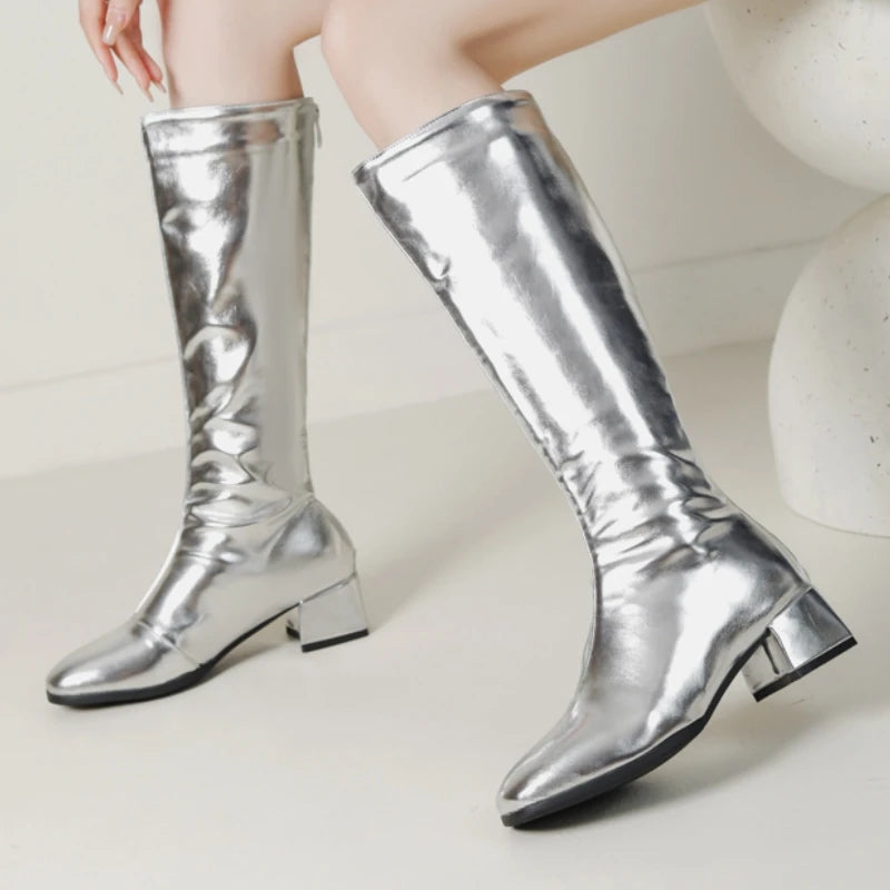 Women's Knee High Boots Winter Shoes 2026 Gold Silver Low Heeled Long Boot Ladies Party Footwear Shoes Large Size 45 Waterproof