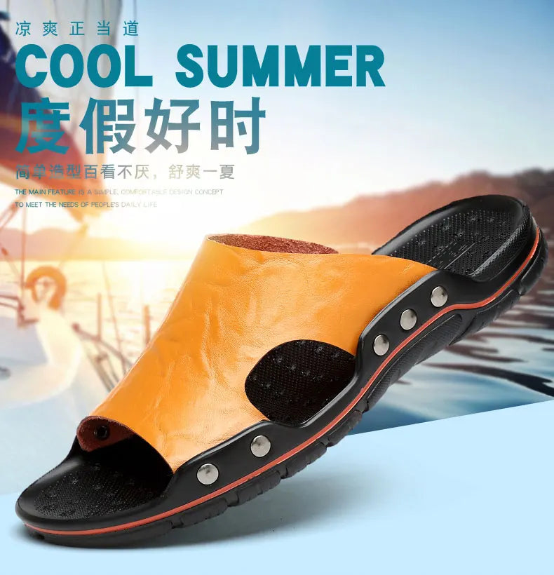 Genuine Leather Slippers for Men Casual Big Size Wear-Resistant Non-slip Fashion Flat Breathable Comfortable Shoes Summer Main