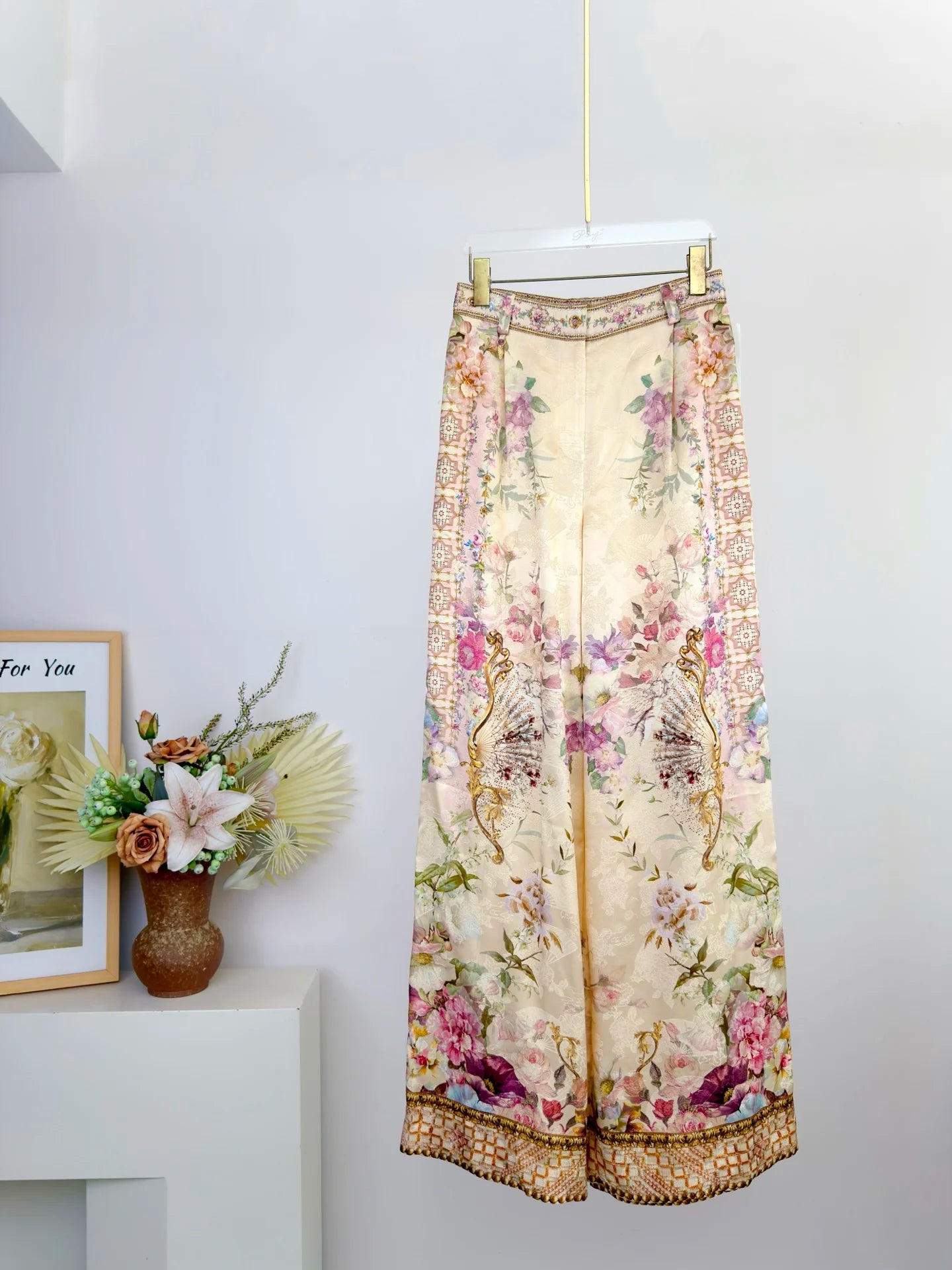 Women Silk Flower Printed Long Dress Heavy Beaded V-Neck Lantern Sleeve Loose Female dress