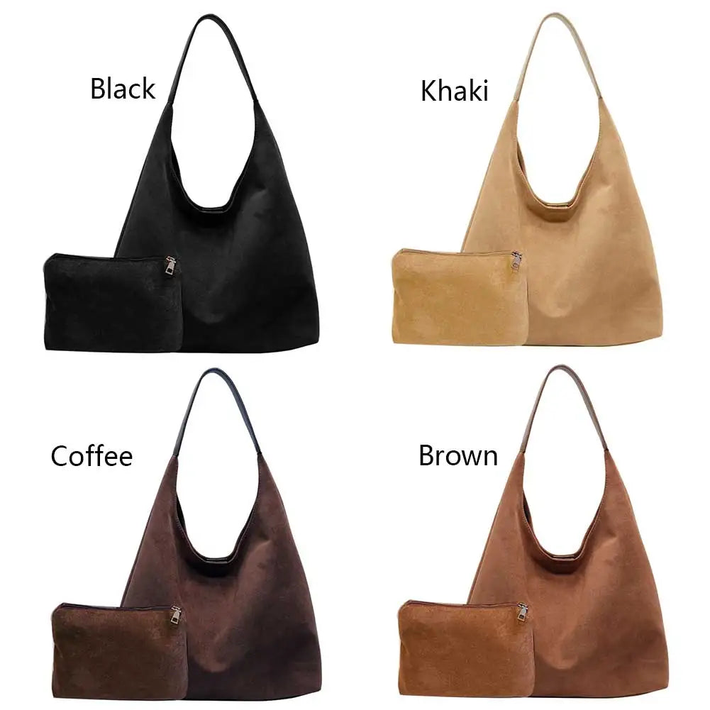 Women Suede Shoulder Bag Large Capacity Tote Bag Trendy Retro Handbag with Pocket for Work Travel Shopping