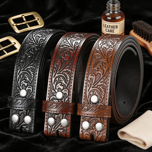 Western Style Tooled Leather Belt Strap - Buckleless Design for Customizable Fit